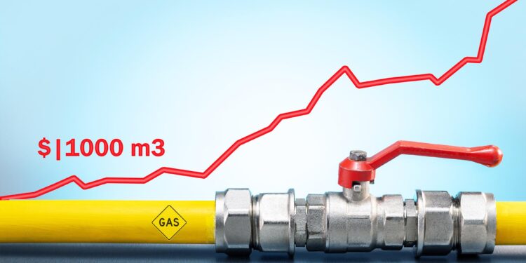 Üzerinde fiyat artış grafiği ve gaz boru hattı vanası bulunan görsel.