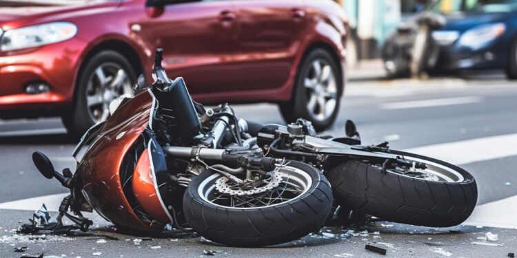 Şehir içi yolda otomobilin yanında devrilmiş hasarlı motosiklet ve kırık cam parçaları.