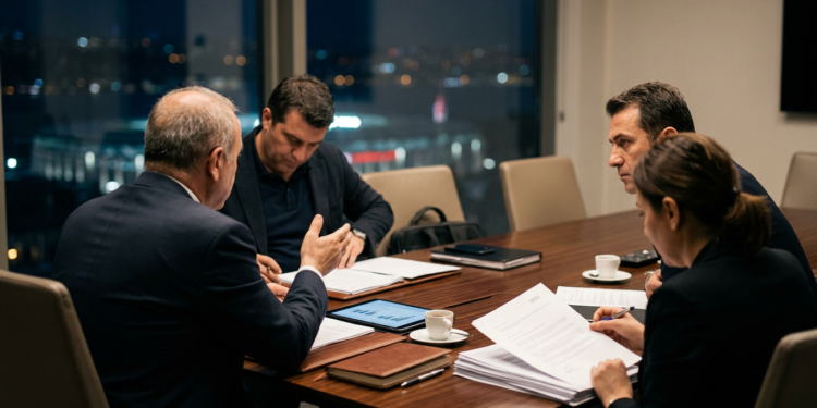 Gece saatlerinde modern bir ofiste toplantı yapan yönetim kurulu üyeleri.