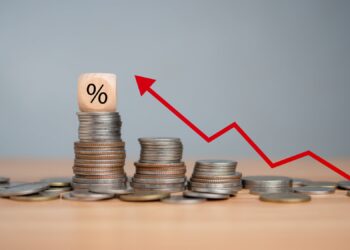 Üstünde yüzde işareti olan ahşap blok ve para yığınları