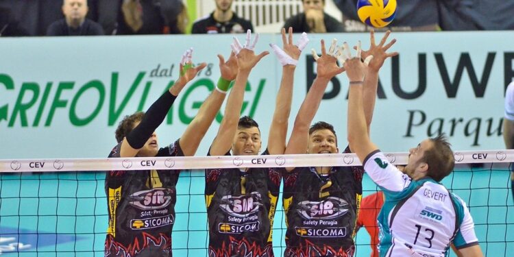 File önünde voleybol maçı oynayan sporcuların heyecanlı anı ve top.