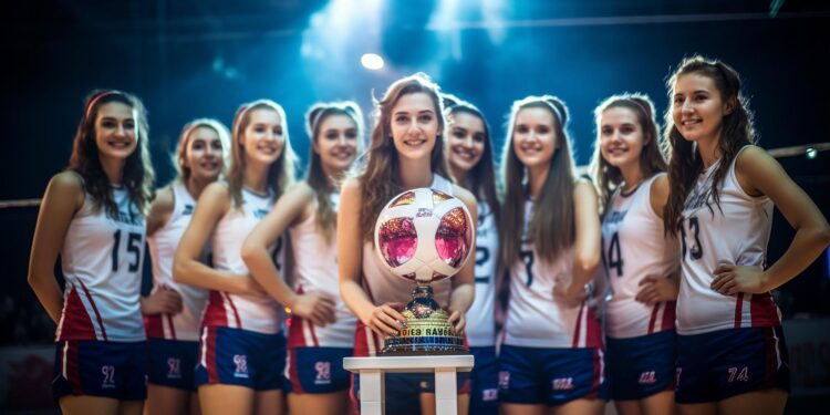 Şampiyonluk kupasını tutan voleybolcu kızlar takım halinde kameralara gülümsüyor.