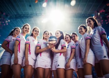 Şampiyonluk kupasını havaya kaldıran, ışık altında mutlulukla poz veren kadın voleybol takımı.