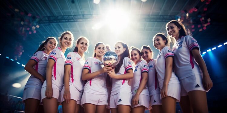 Şampiyonluk kupasını havaya kaldıran, ışık altında mutlulukla poz veren kadın voleybol takımı.