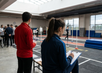 Spor salonunda özel yetenek sınavı için adayların değerlendirildiği koordinasyon parkuru.