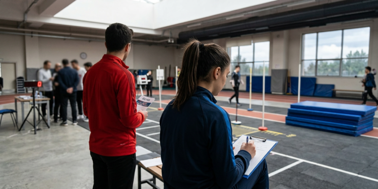 Spor salonunda özel yetenek sınavı için adayların değerlendirildiği koordinasyon parkuru.