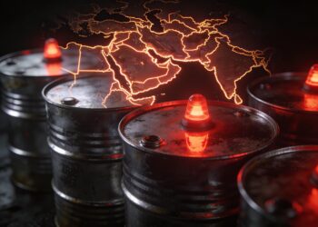 Kırmızı uyarı lambalarıyla aydınlatılmış petrol varilleri ve arka planda dünya haritası.