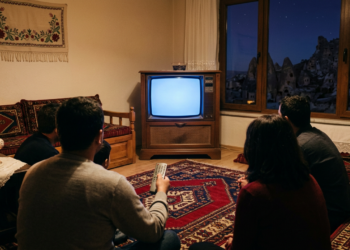 Kapadokya'da tübüllerin görüldüğü bir pencereden dışarıyı izleyen ve televizyon seyreden aile.