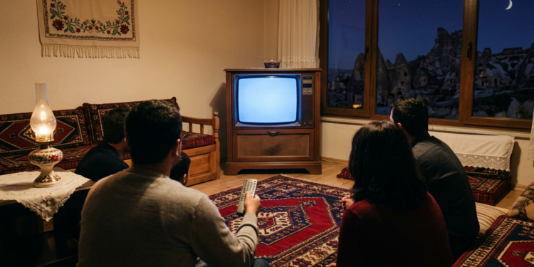 Kapadokya'da tübüllerin görüldüğü bir pencereden dışarıyı izleyen ve televizyon seyreden aile.