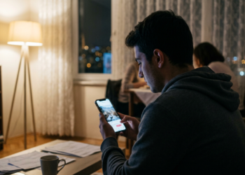 Evde akşam vakti akıllı telefonundan sosyal medyada gezinen genç bir adam.
