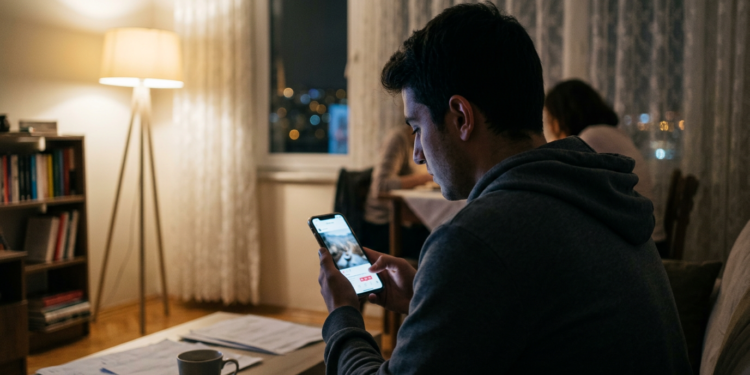 Evde akşam vakti akıllı telefonundan sosyal medyada gezinen genç bir adam.