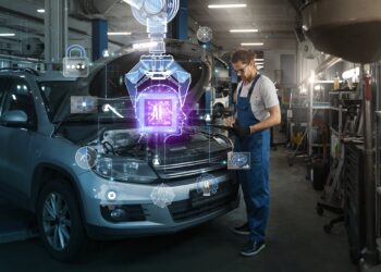 Otomobilin motor kısmına bakan teknisyen ve dijital arayüz grafikleri