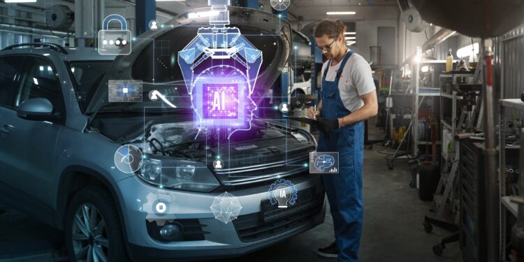 Otomobilin motor kısmına bakan teknisyen ve dijital arayüz grafikleri