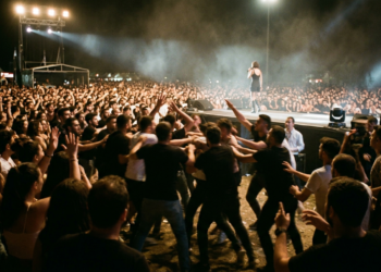Açık havada konser veren bir sanatçı ve kalabalık arasındaki tartışma.