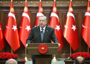 Kürsüde konuşma yapan Türkiye Cumhurbaşkanı ve arkasında Türk bayrakları.
